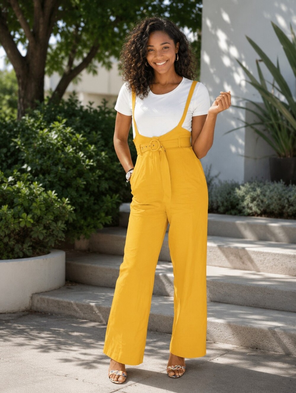 Forever 21, Mustard, High Waist, Wide Leg Linen Blend Jumpsuit w/ Belt, S - Picture 1 of 4